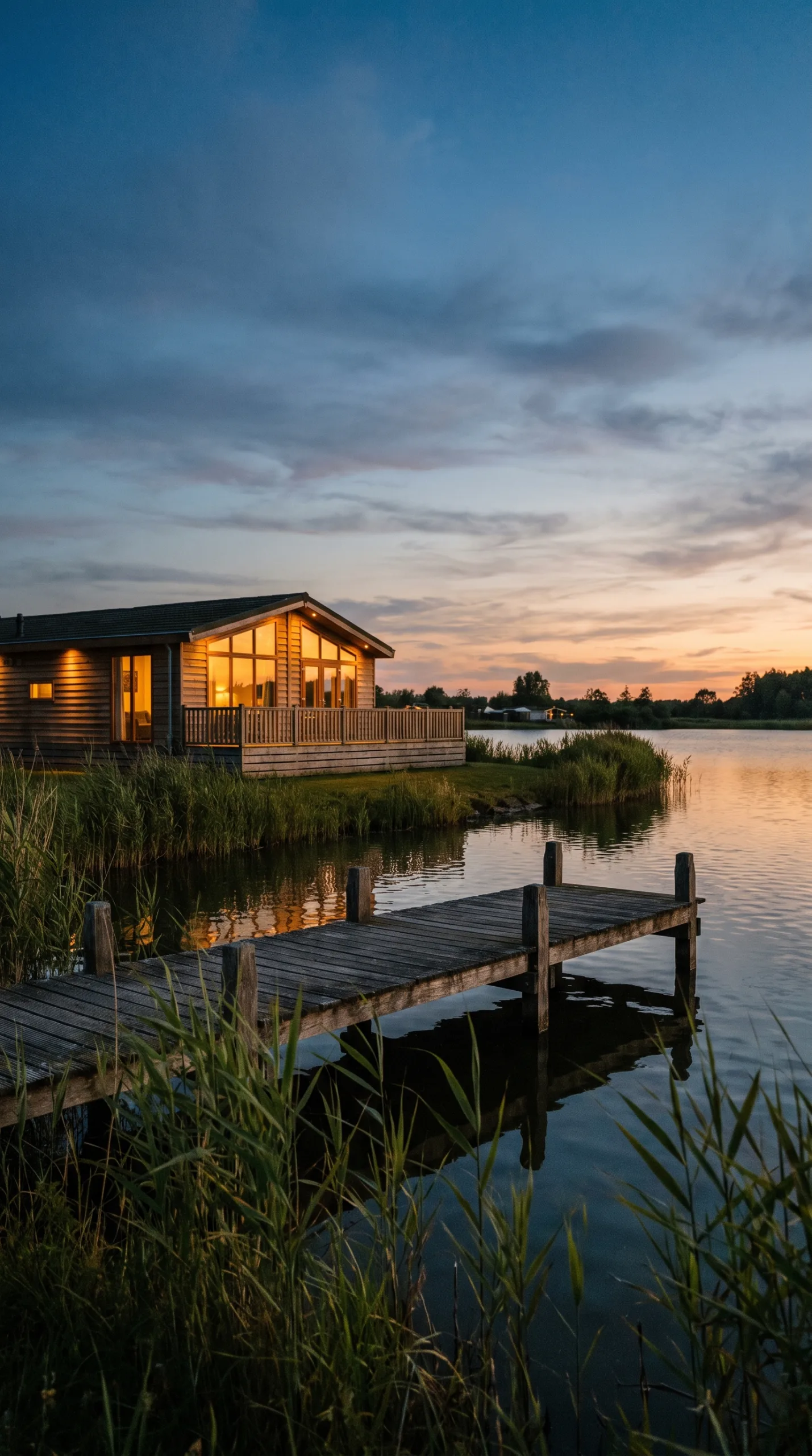 Wooden holiday park lodge beside a calm lake in Flevoland at dusk