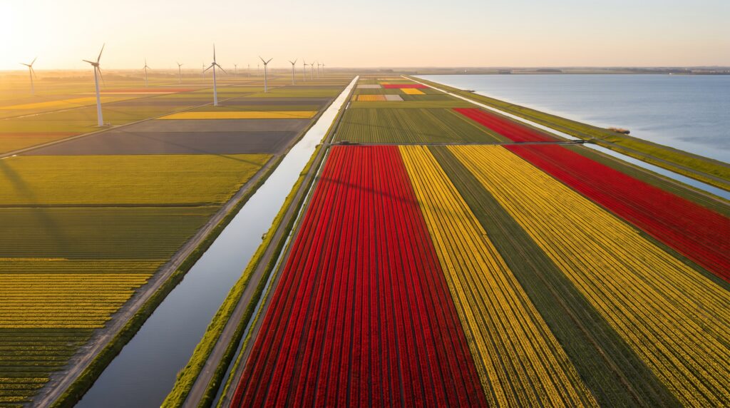 Aerial view of Flevoland Netherlands with straight canals, polder farmland and tulip fields at golden hour