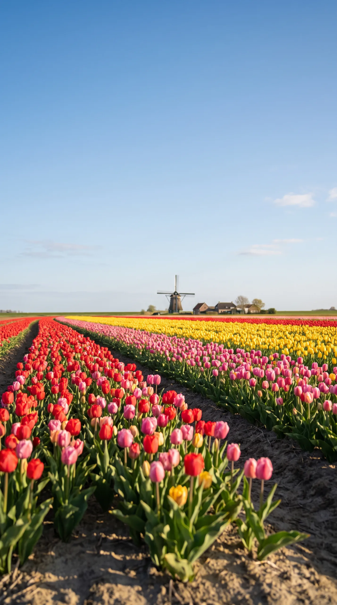 Rows of red, pink and yellow tulips in bloom across a flat Flevoland field in spring