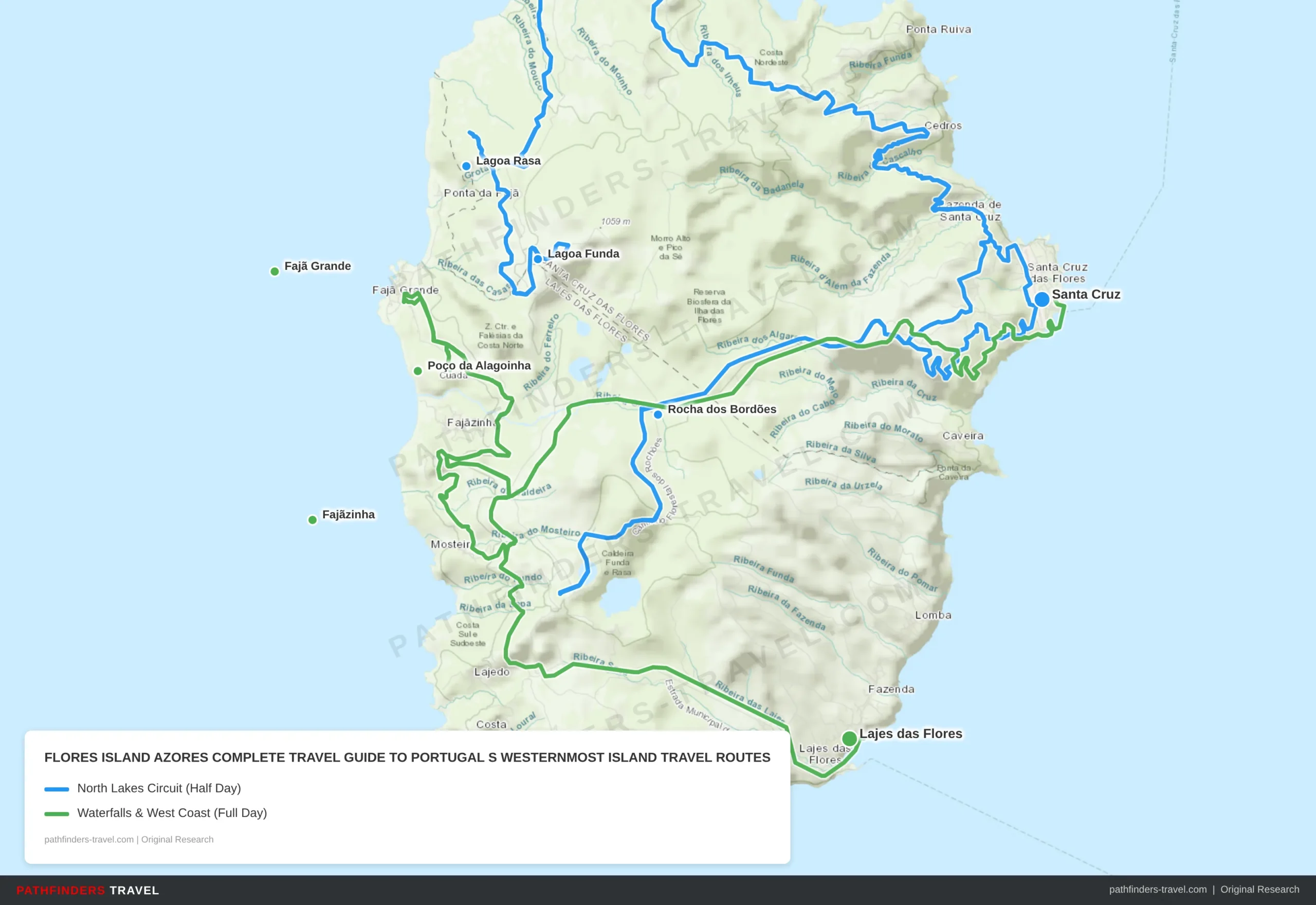 Map showing travel routes for Flores Island, Azores: Complete to Portugal's Westernmost Island with road trip itineraries