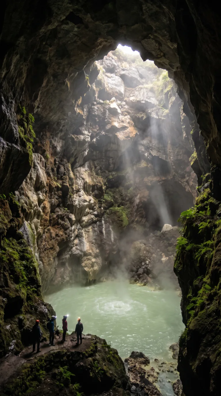 Furna do Enxofre volcanic cave interior with underground sulfur lake on Graciosa Island