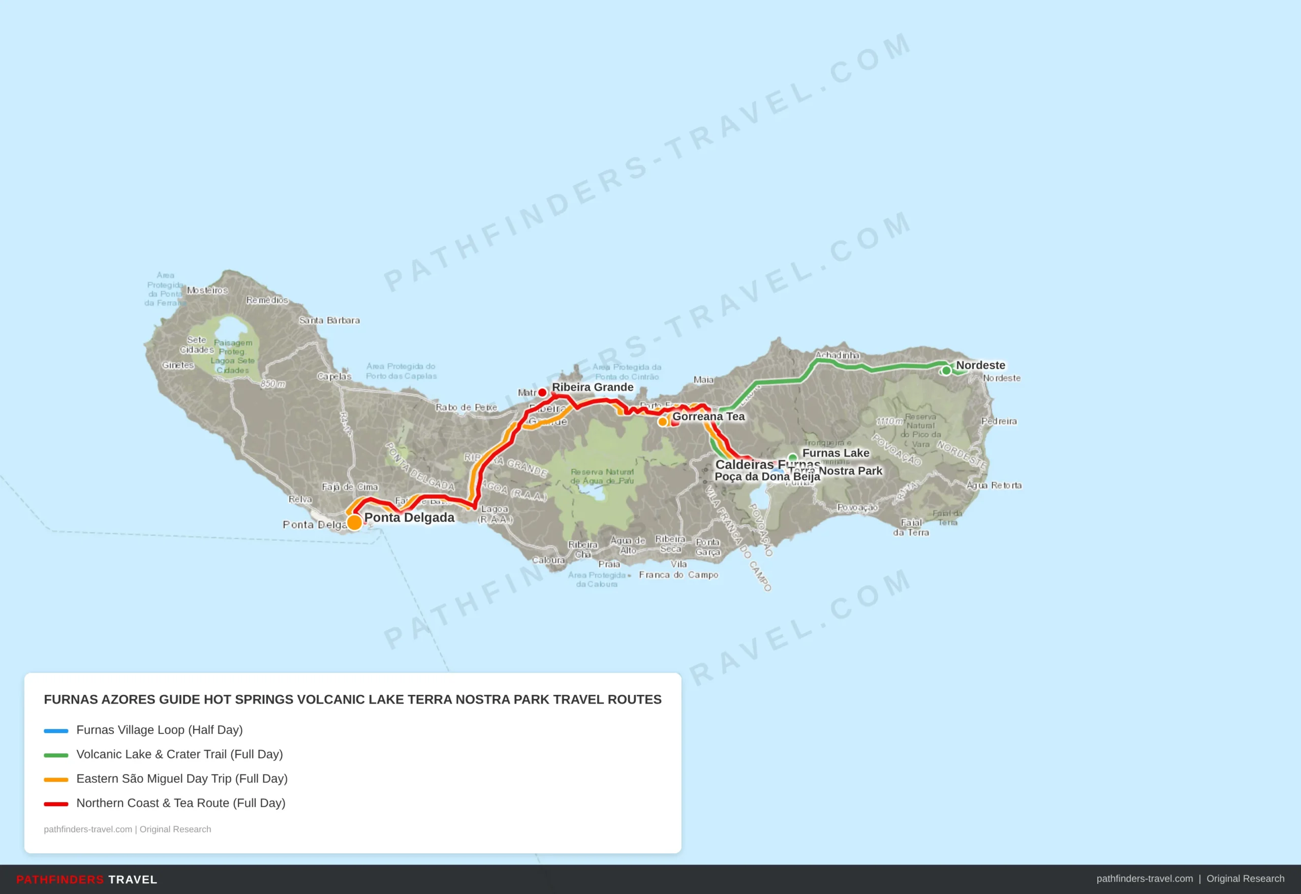 Map showing travel routes for Furnas Azores Guide: Hot Springs, Volcanic Lake & Terra Nostra Park with road trip itineraries