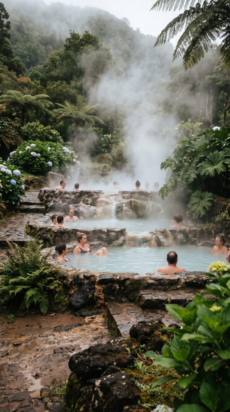 Furnas thermal hot springs with steam rising, São Miguel island day trip destination