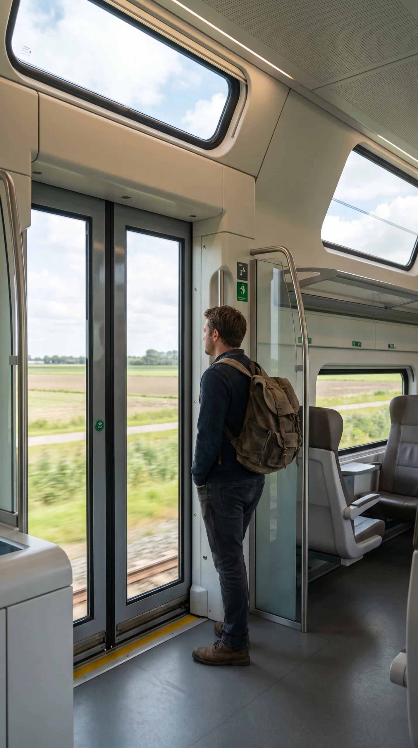 Traveler on a Dutch double-decker train, getting around the Netherlands by train