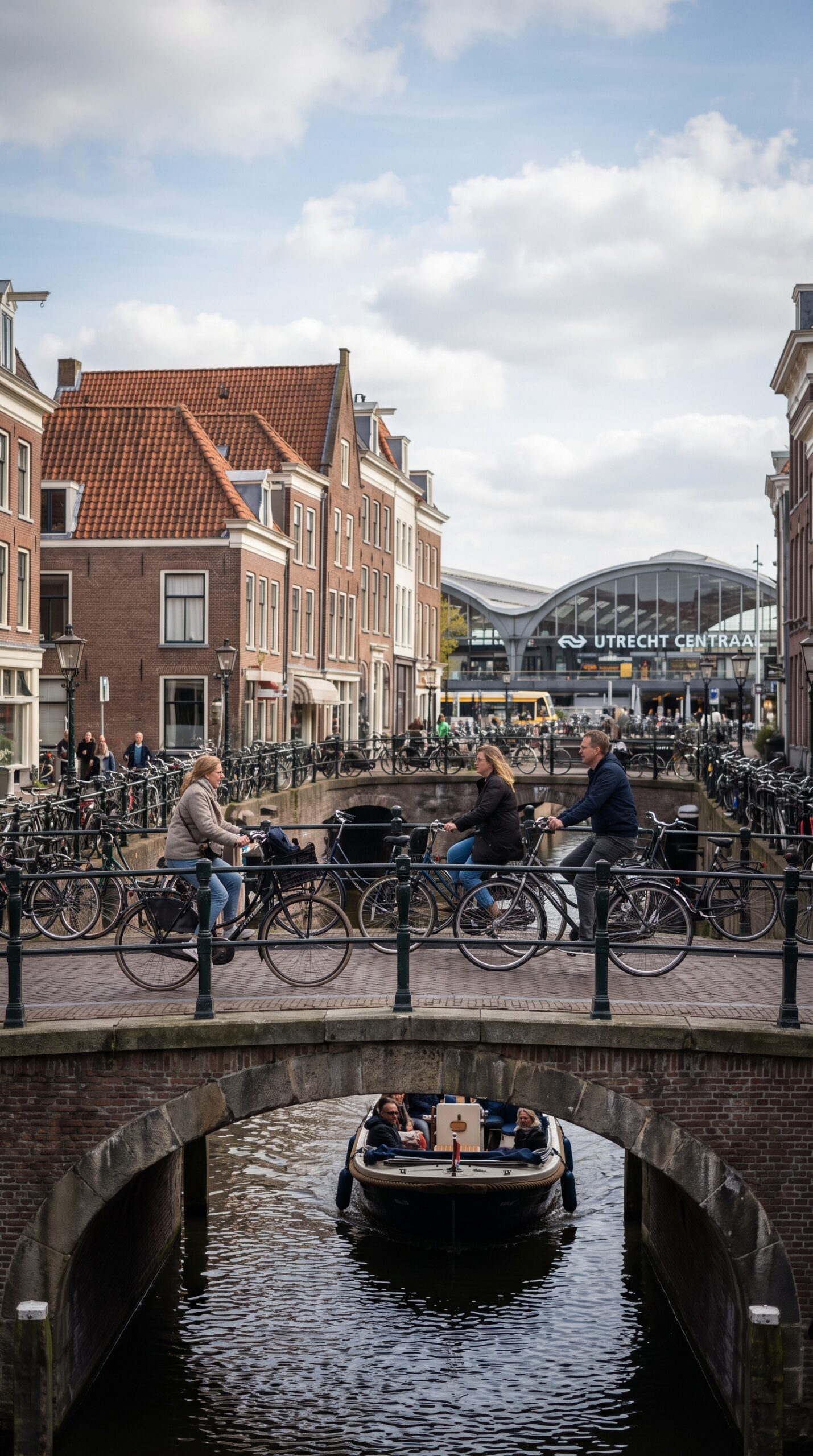 Cyclists on a canal bridge in Utrecht, Netherlands