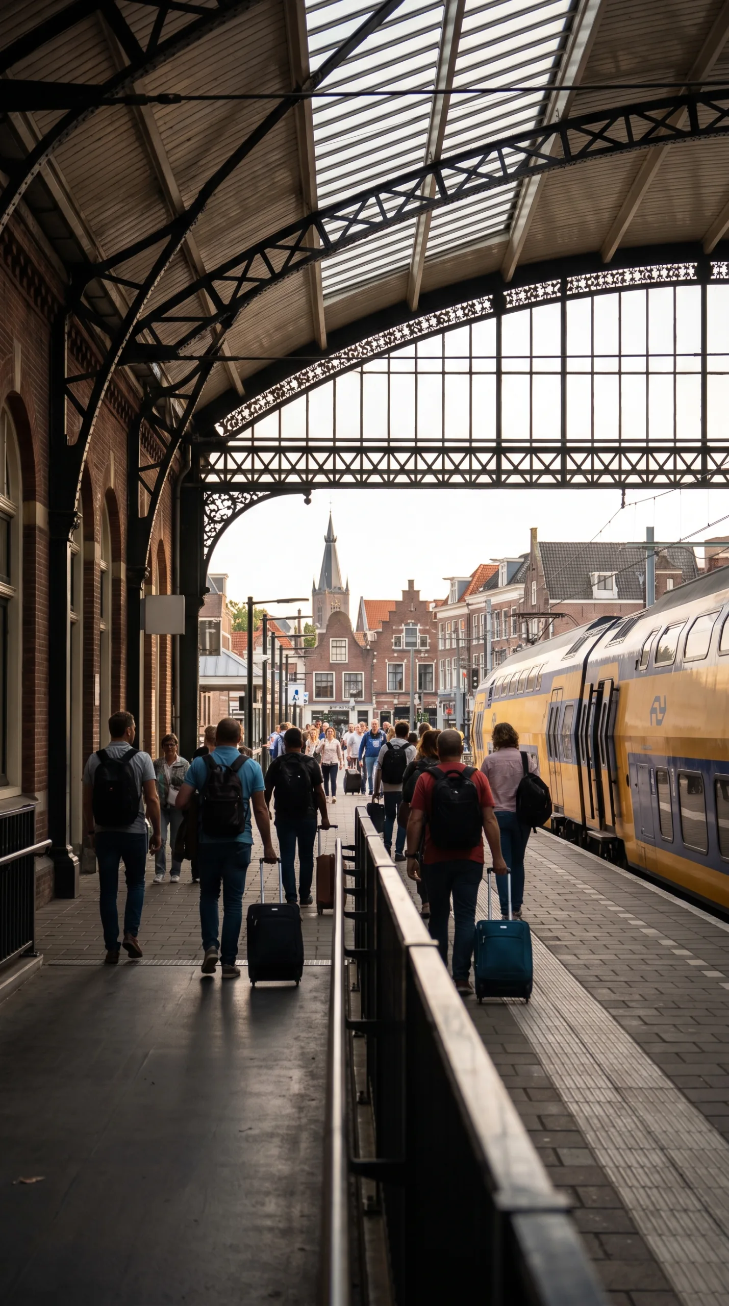 Dutch train at Gouda train station in the Netherlands with travelers heading to the old town