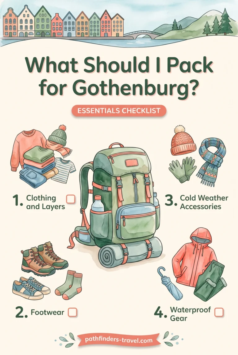 Gothenburg packing checklist infographic: Clothing and Layers, Footwear, Cold Weather Accessories