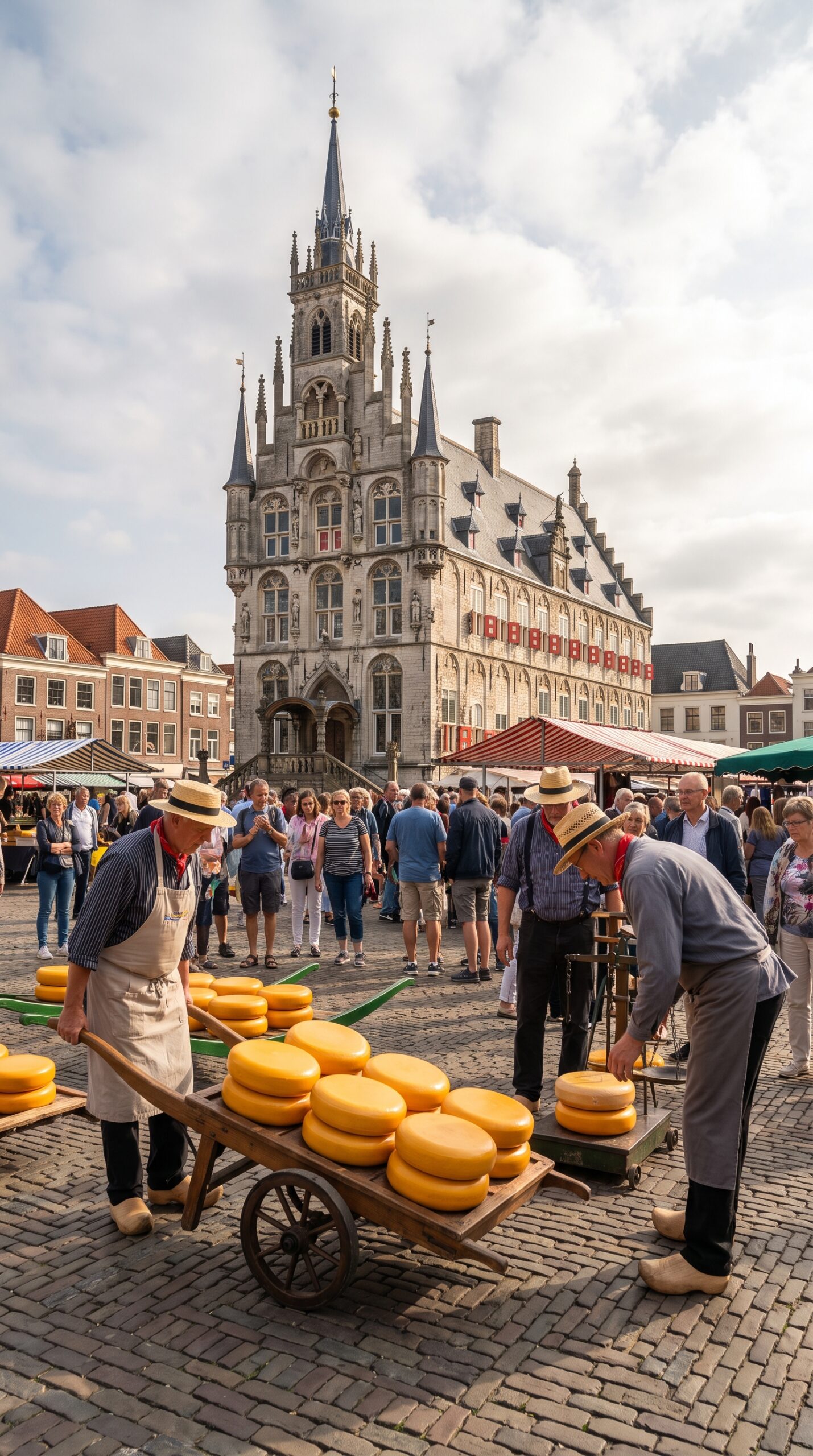 Traditional Gouda cheese market on the Markt square in Gouda Netherlands with the town hall behind
