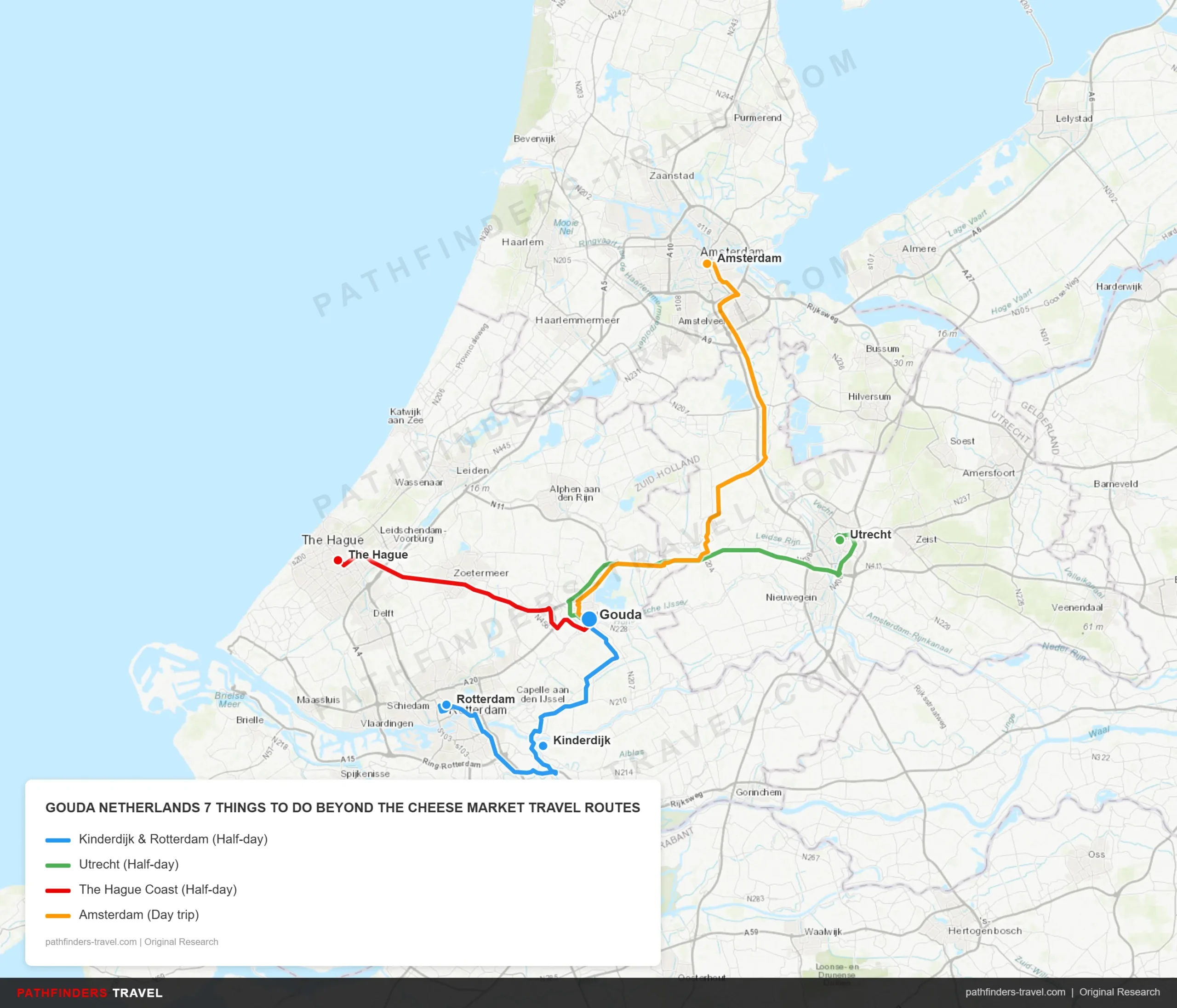 Map showing travel routes for Gouda, Netherlands: 7 Things to Do Beyond the Cheese Market with road trip itineraries