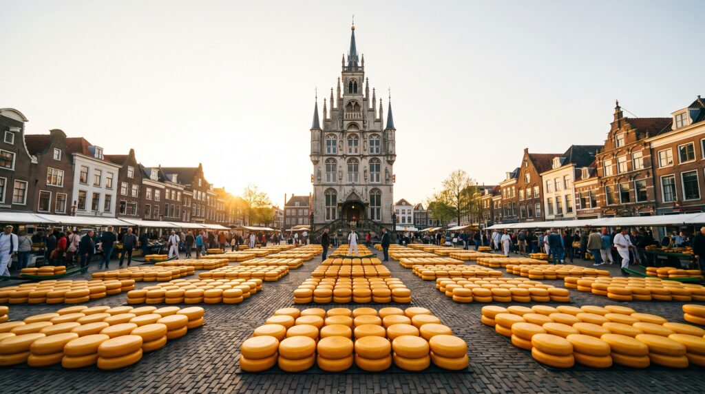 Gouda Netherlands Markt square with the Gothic town hall and cheese market at golden hour