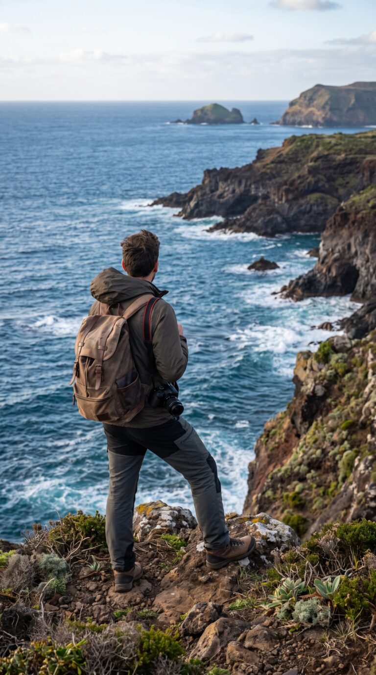 Hiker at coastal viewpoint on Graciosa Island overlooking Atlantic Ocean