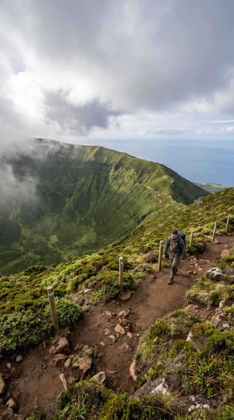 Hiker on Caldeira do Faial rim trail with crater view and ocean panorama on Faial Island