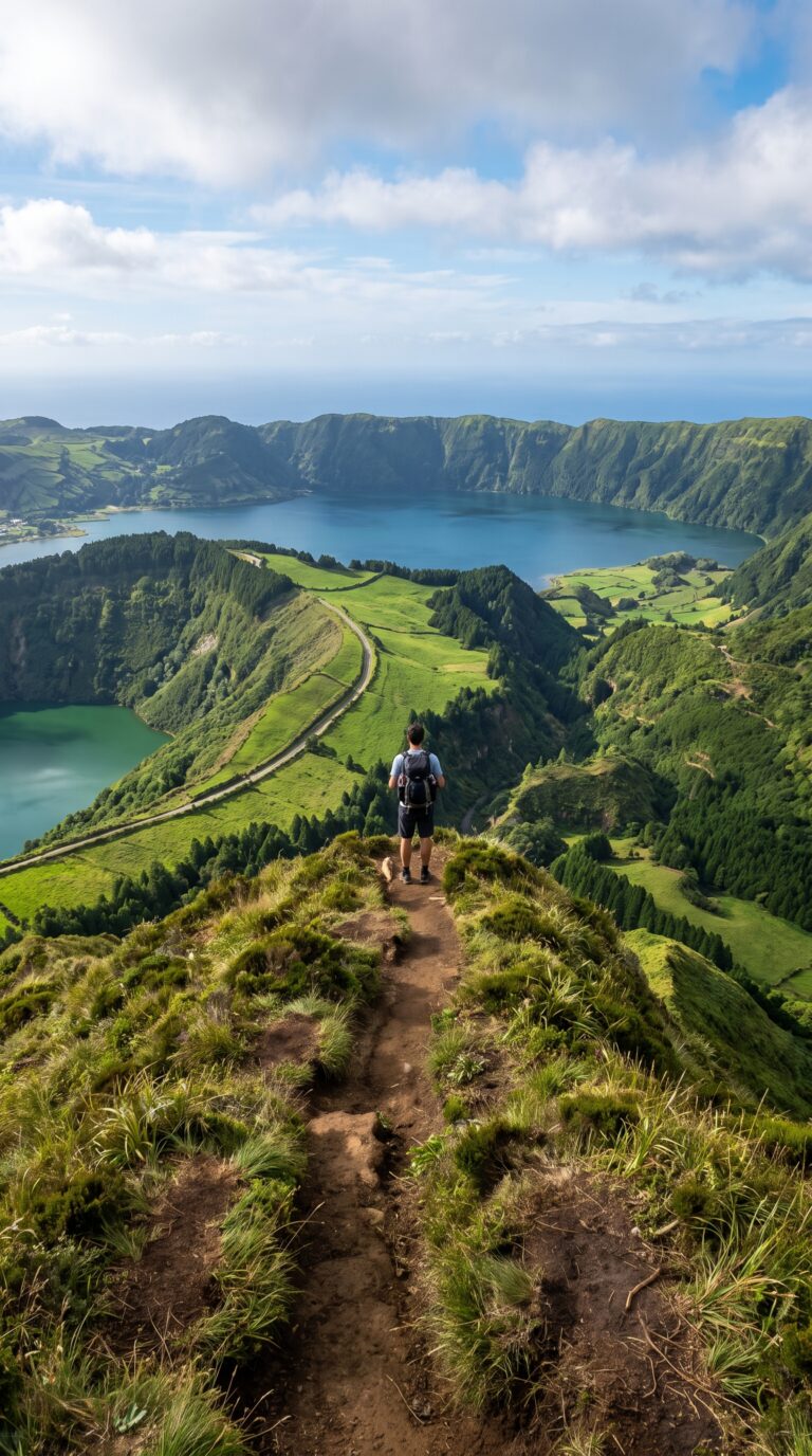 Hiker on Sete Cidades caldera rim trail overlooking twin lakes and volcanic crater