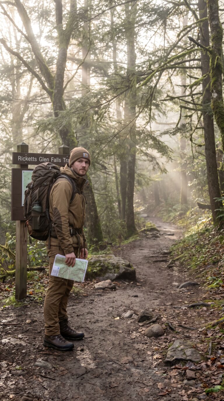 Hiker prepared with proper gear at Ricketts Glen State Park Falls Trail Pennsylvania