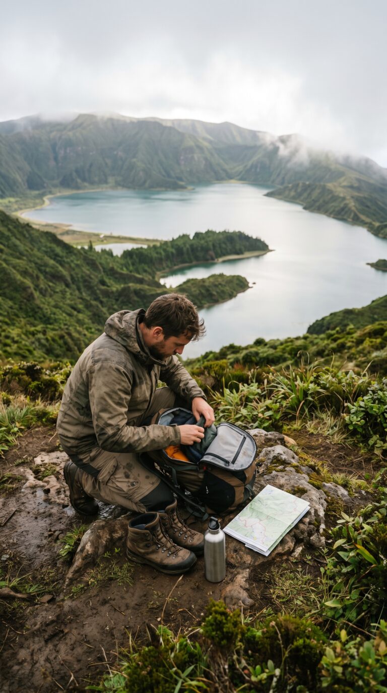 Hiker preparing equipment for Lagoa do Fogo trail in São Miguel