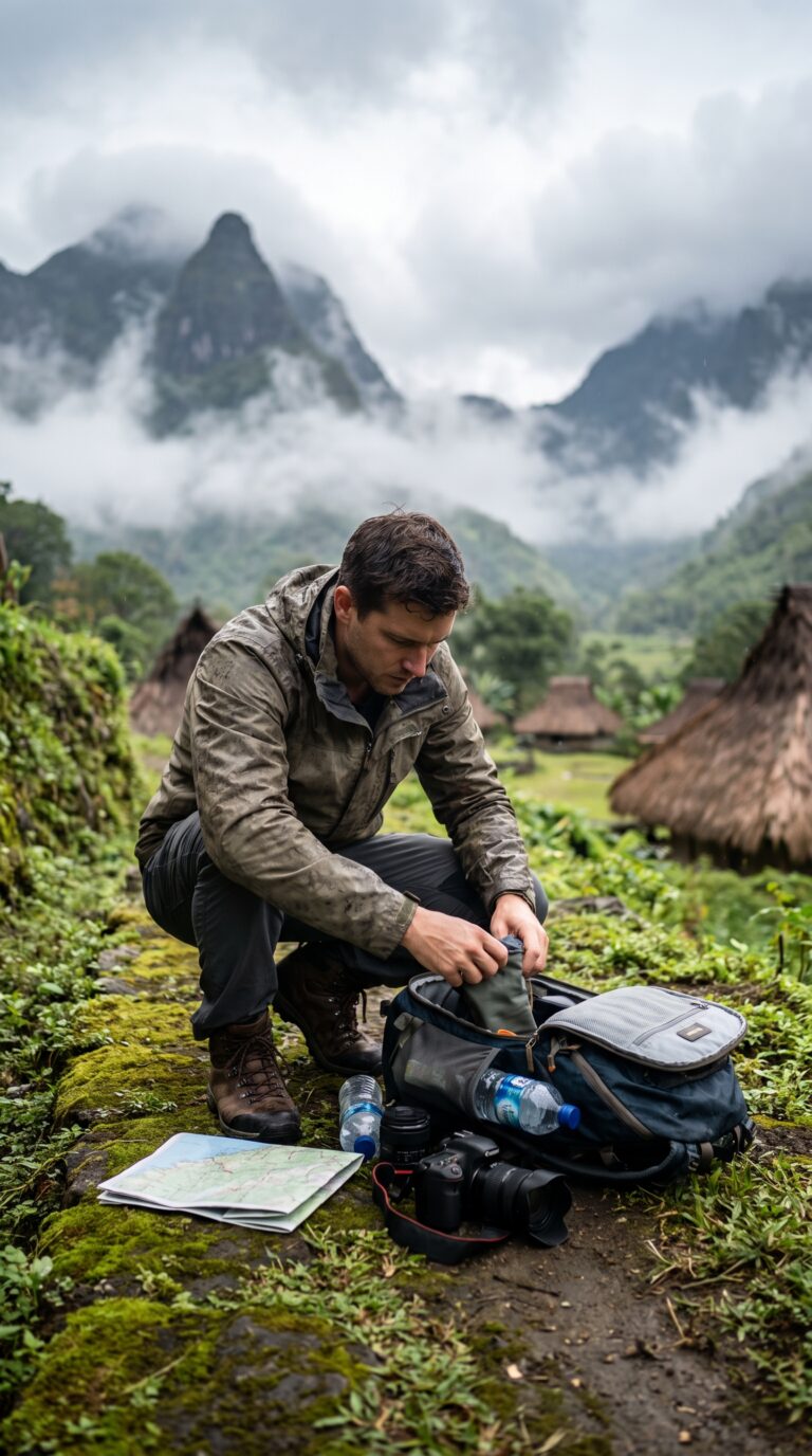 Hiker preparing for trail with rain gear on misty Flores Island, Azores, Portugal
