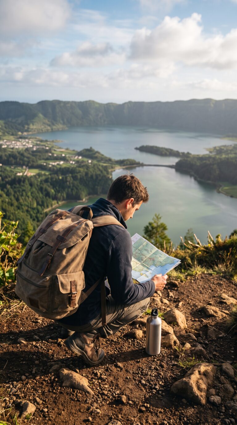 Hiker preparing gear for Sete Cidades trail with volcanic crater in background