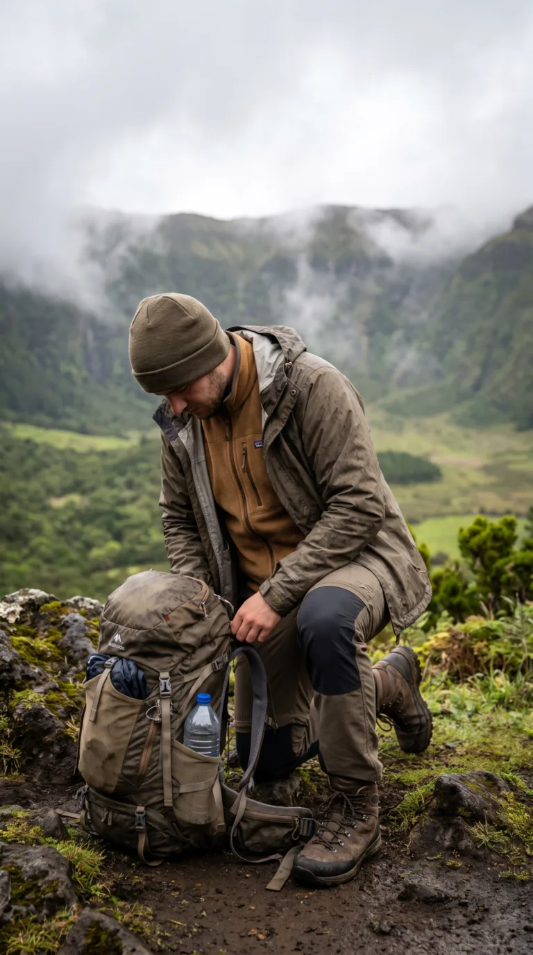 Hiker preparing hiking gear at Caldeira do Faial trailhead with misty crater rim in background