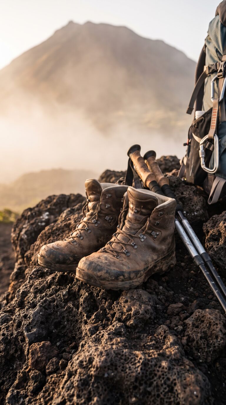 Hiking boots and gear on Mount Pico volcanic trail in the Azores