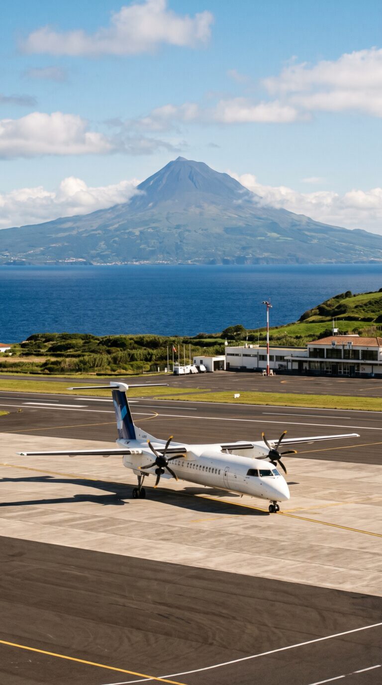 Horta Airport with aircraft and Mount Pico volcano view, Faial Island, Azores