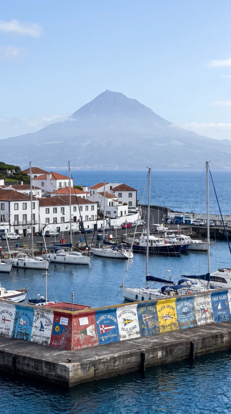 Horta harbor on Faial Island with Mount Pico visible across the channel