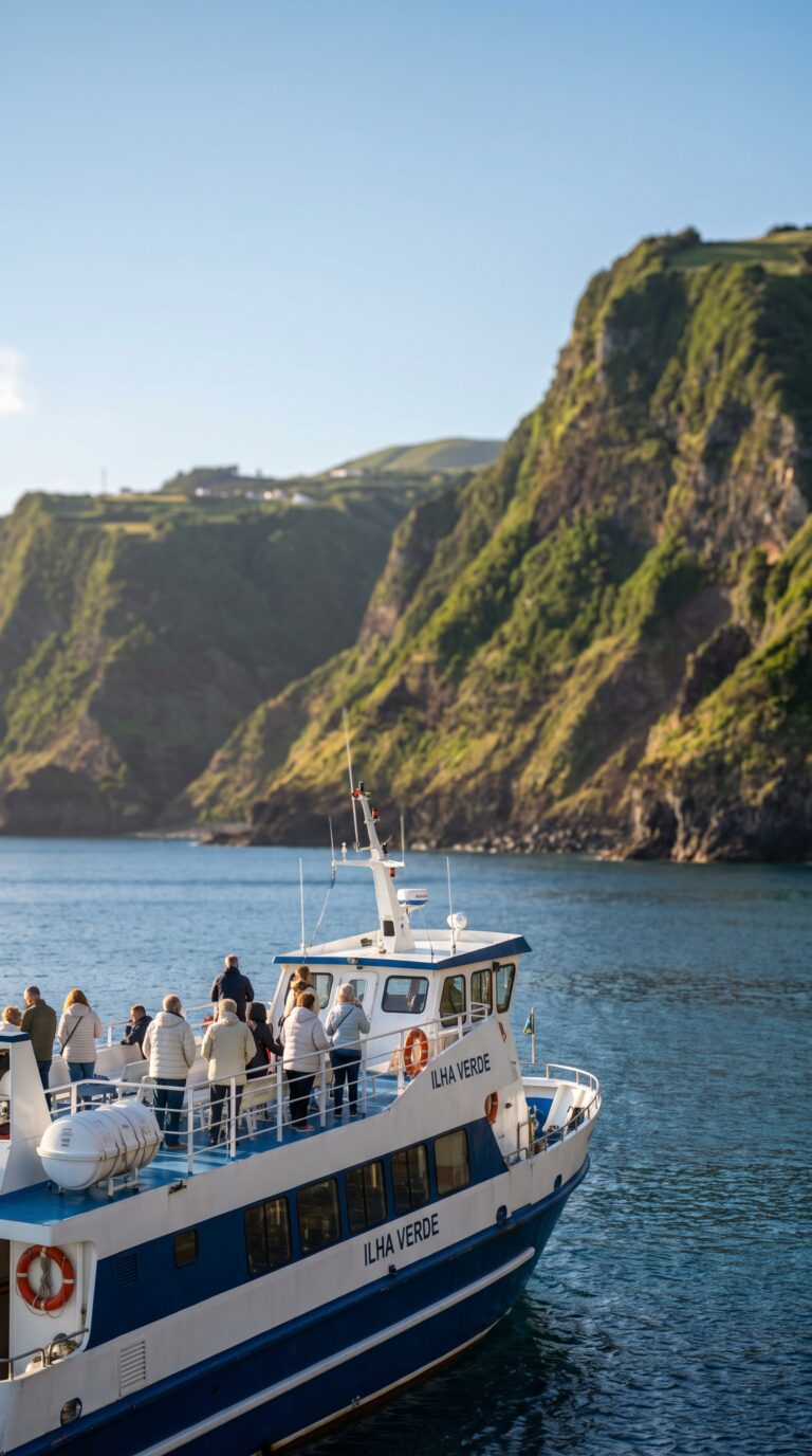 Inter-island ferry approaching São Jorge Island with dramatic cliffs in background