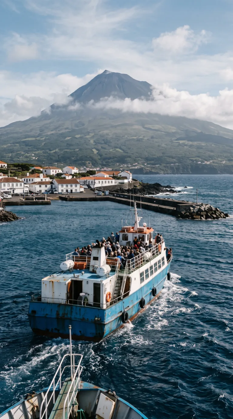 Inter-island ferry arriving at Pico Island with Mount Pico volcano backdrop
