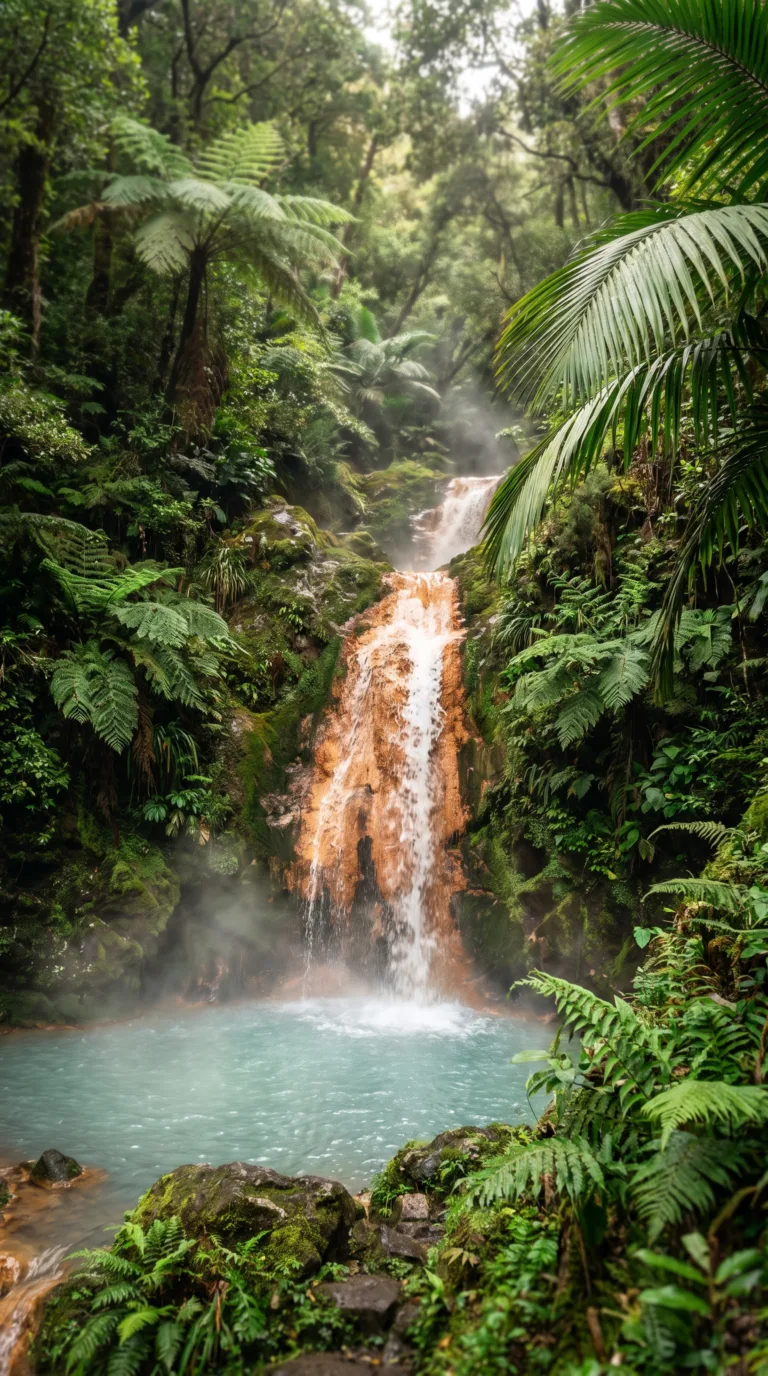Iron-rich orange waterfall cascading into steaming thermal pool at Caldeira Velha hot springs São Miguel