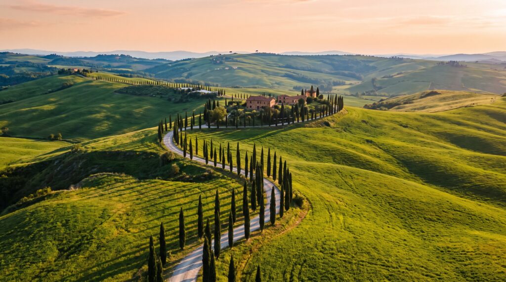 Rolling Tuscan hills and cypress-lined road in Val d'Orcia, Italy at golden hour