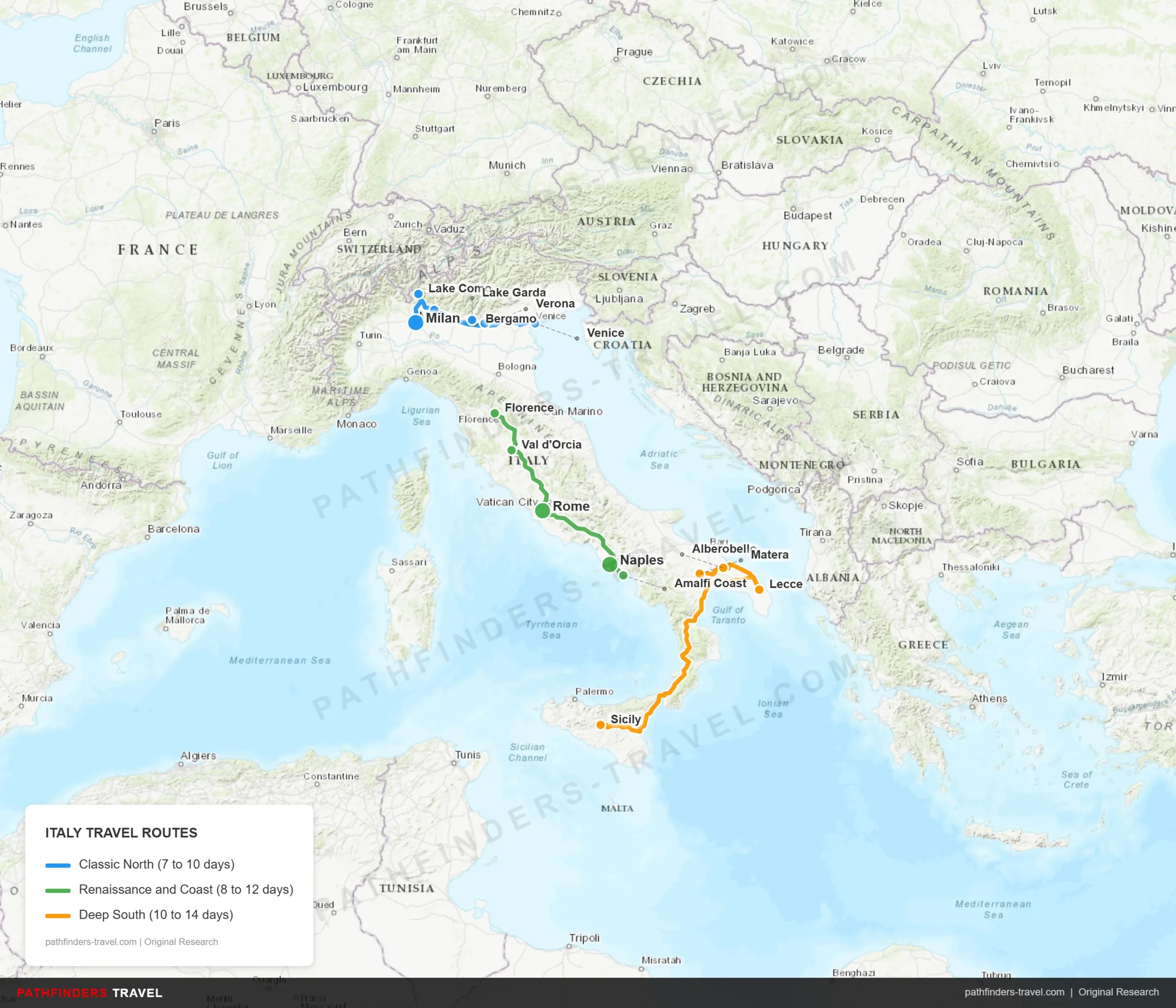 Map showing 3 travel routes across Italy: Classic North, Renaissance and Coast, and Deep South