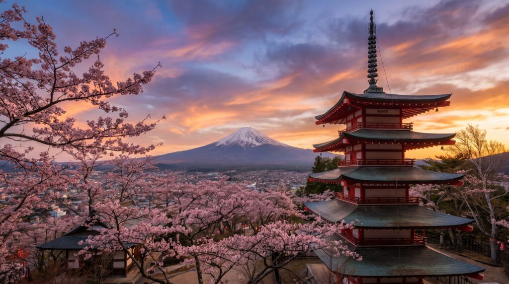 Mount Fuji at golden hour with Chureito Pagoda and cherry blossoms, Japan