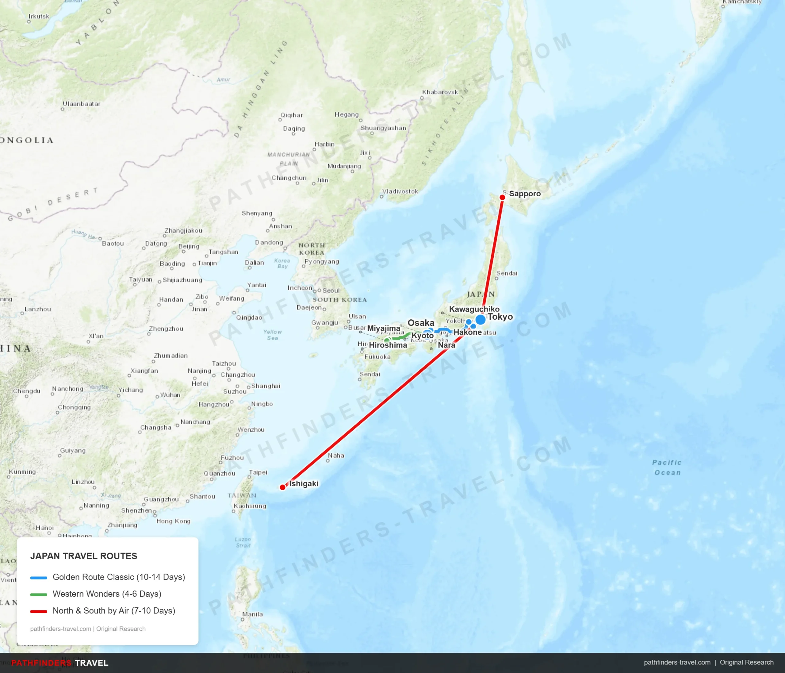 Map showing 3 travel routes across Japan: Golden Route Classic, Western Wonders, and North and South by Air