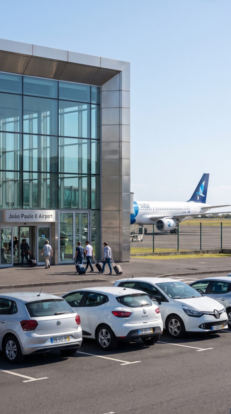 João Paulo II Airport terminal in Ponta Delgada with rental car area and aircraft