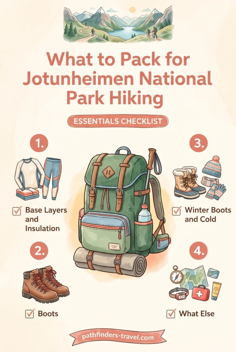 Jotunheimen National Park hiking packing checklist infographic: base layers, boots, winter boots and cold weather accessories