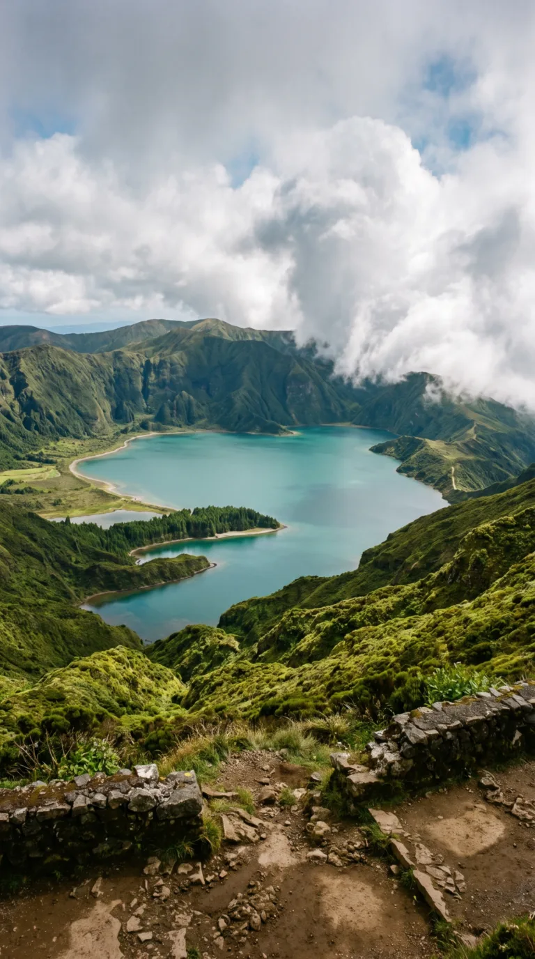 Lagoa do Fogo crater lake view from viewpoint near Caldeira Velha in São Miguel Azores
