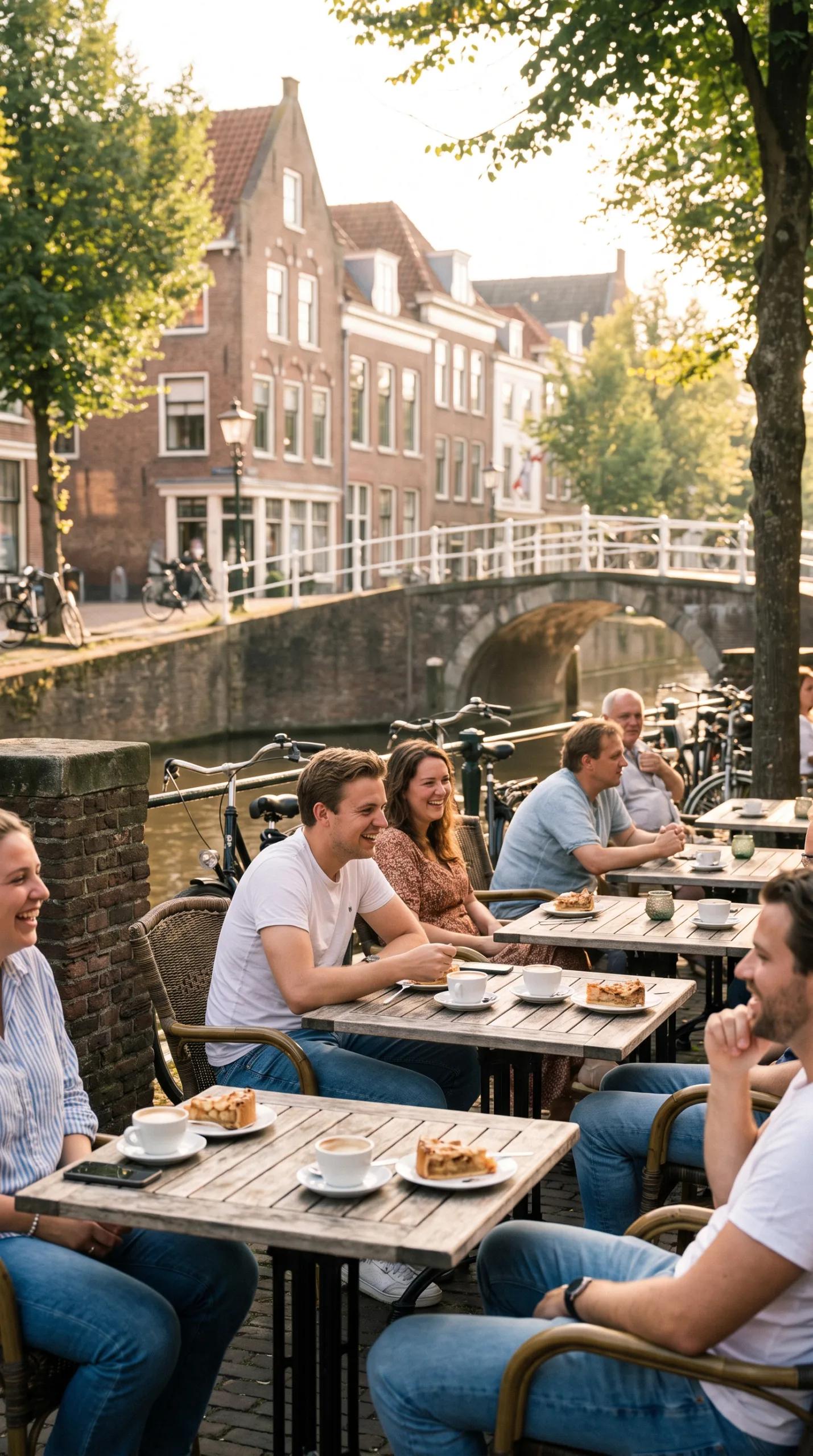 Canal-side cafe terrace in Leiden with people having coffee near a bridge