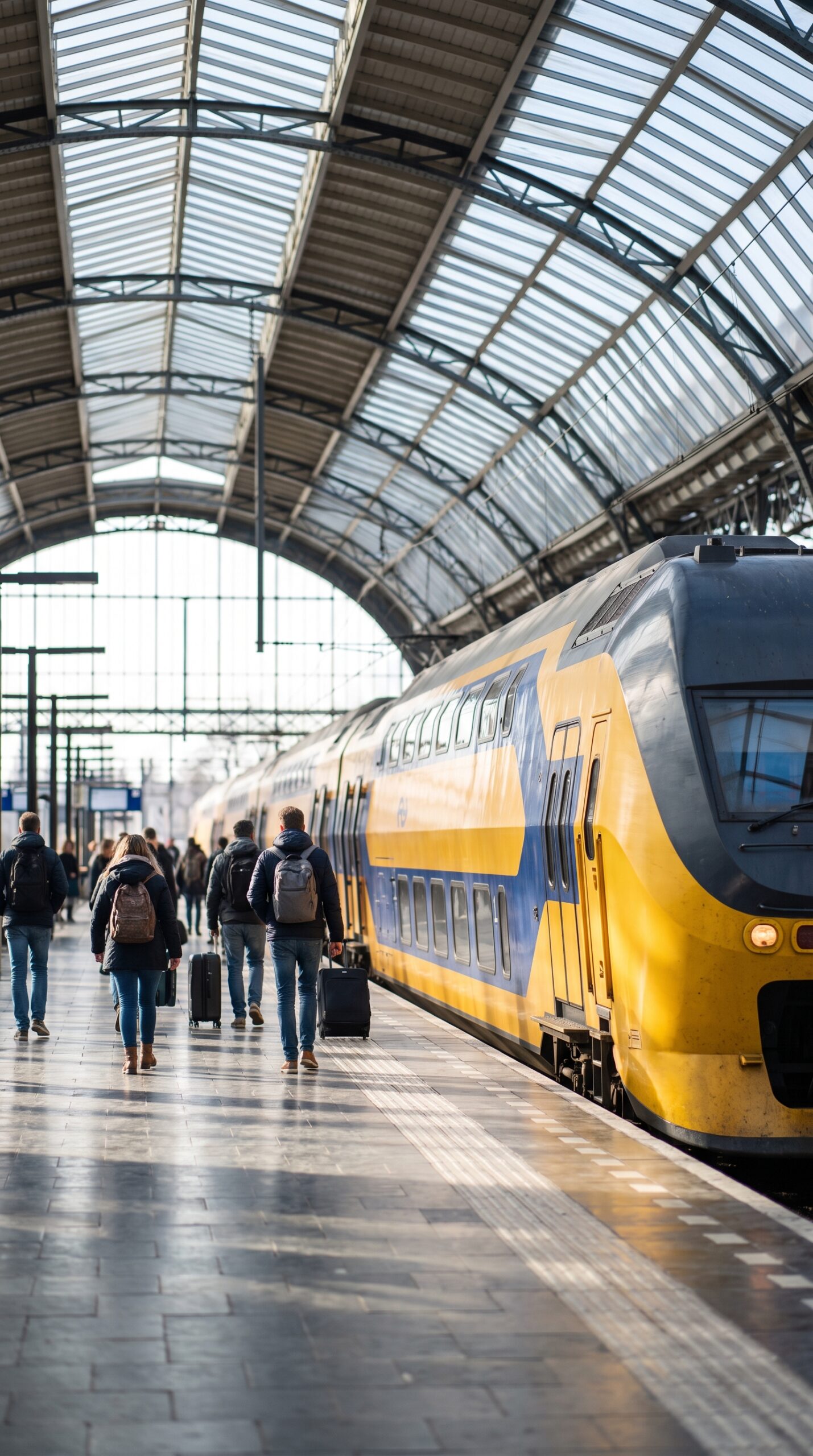 Dutch intercity train at Leiden Centraal station on a clear day