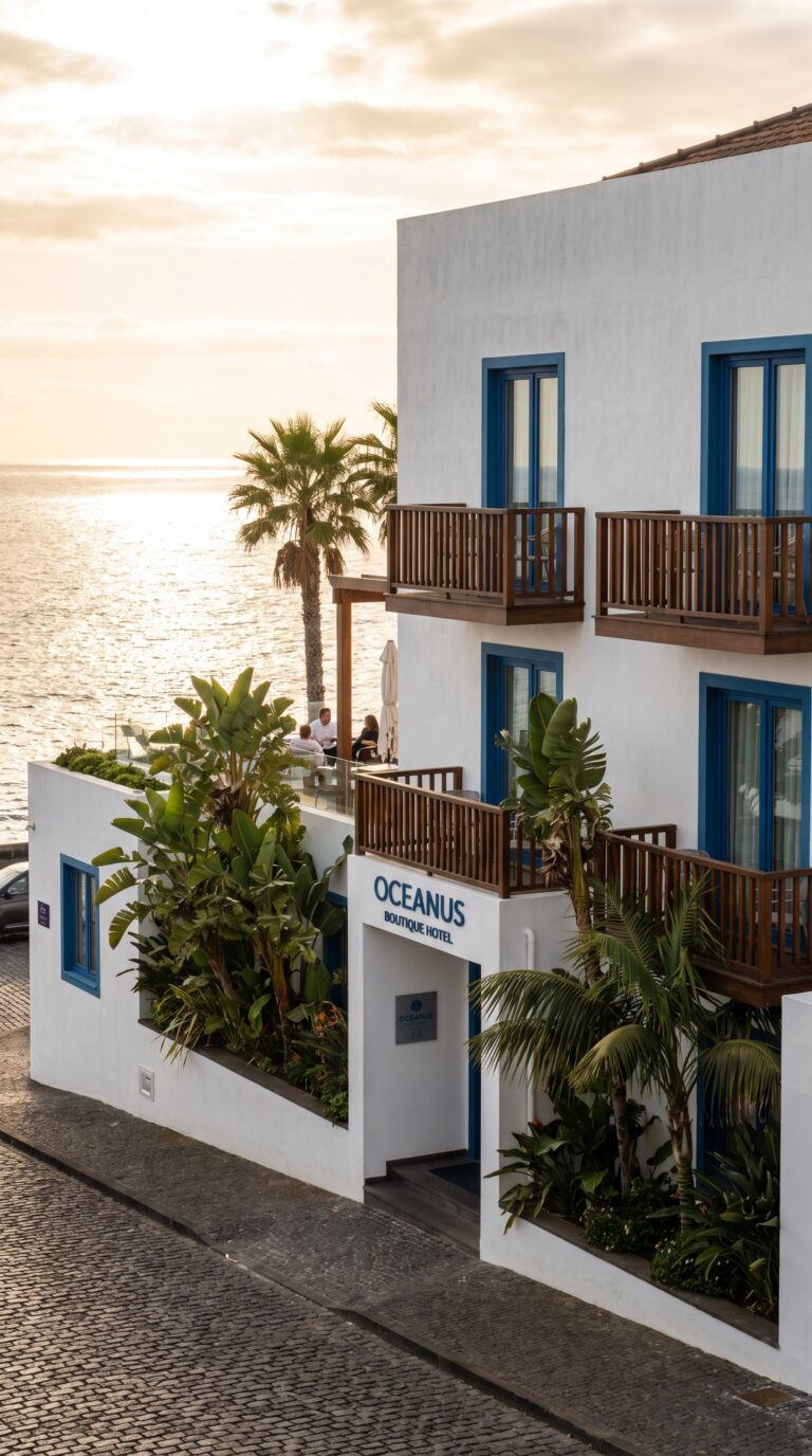 Modern boutique hotel exterior in Ponta Delgada with ocean view balconies and tropical landscaping