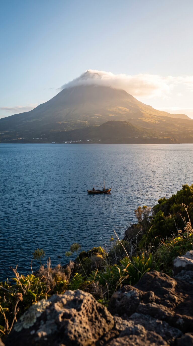 Mount Pico volcano viewed from São Jorge Island across the Atlantic channel