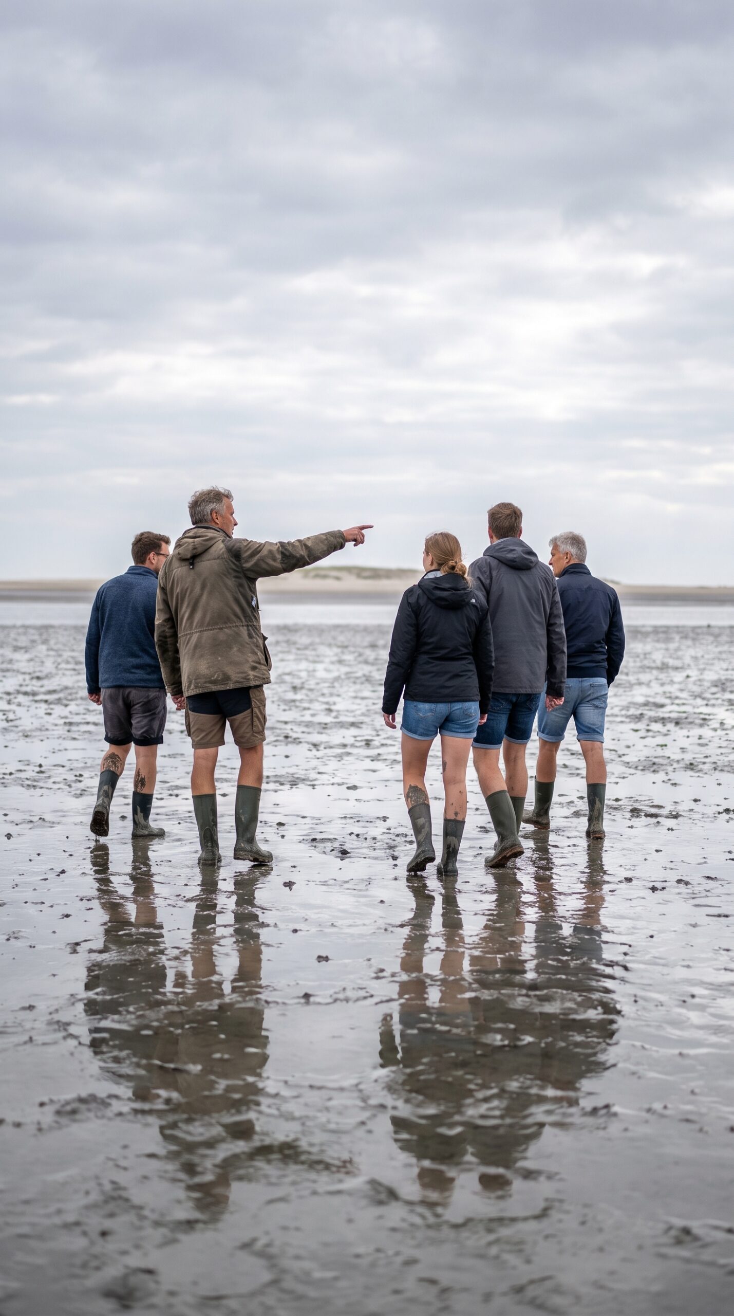 A small group mudflat walking across the wet Wadden Sea flats with a guide at low tide