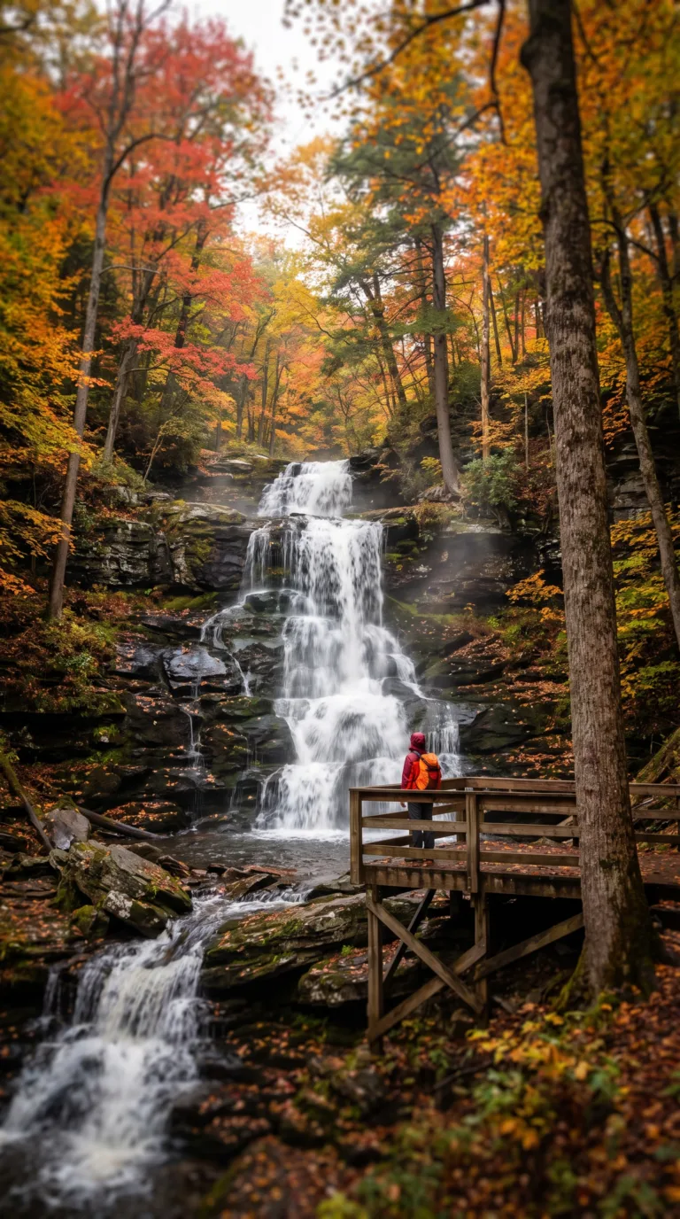 Multi-tiered waterfall with autumn colors at Ricketts Glen State Park Pennsylvania