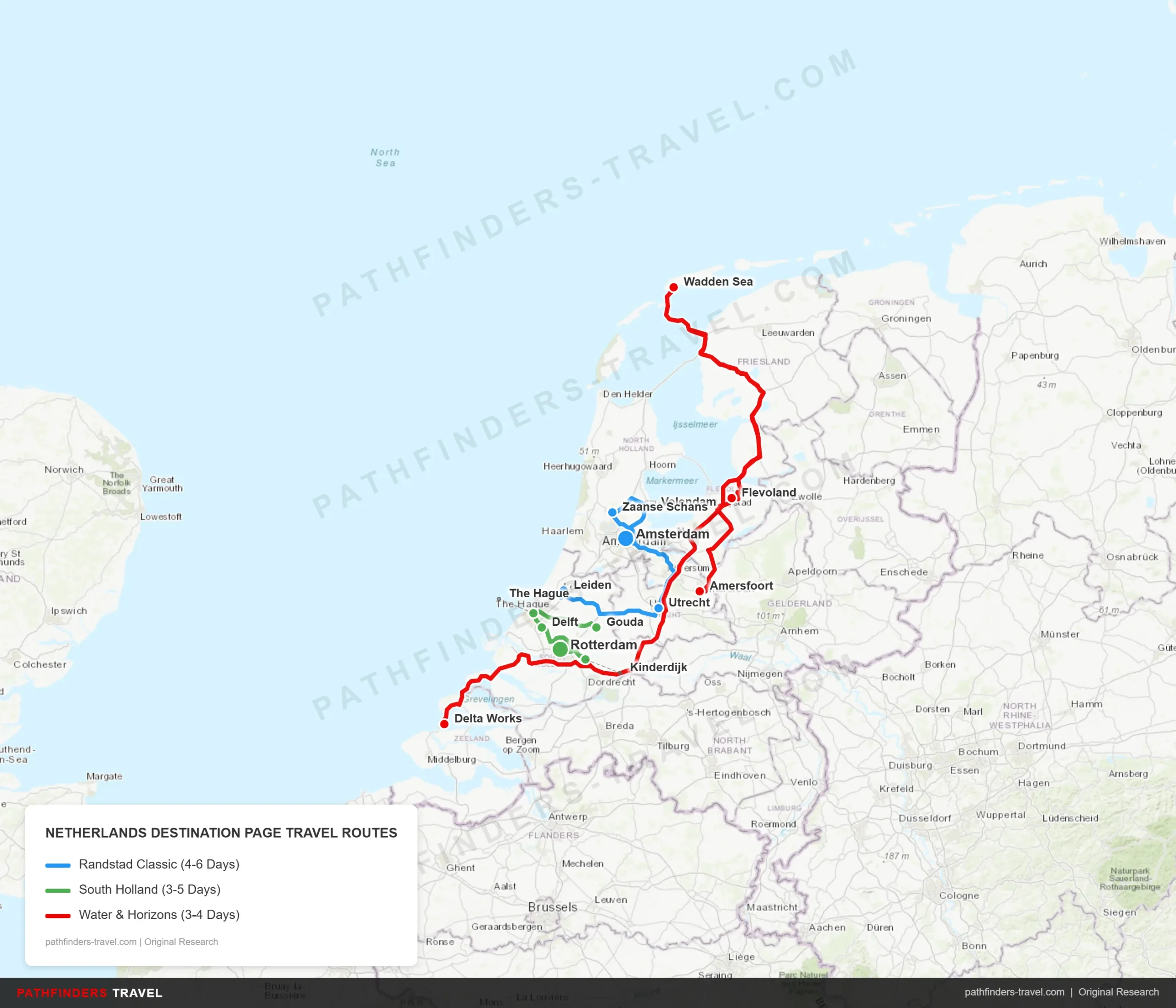 Map showing 3 travel routes across the Netherlands: Randstad Classic, South Holland, and Water and Wide Horizons