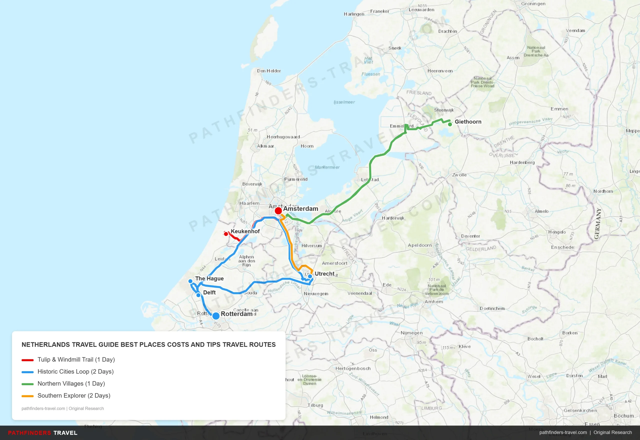 Map showing travel routes for Netherlands: Best Places, Costs, and Tips with road trip itineraries