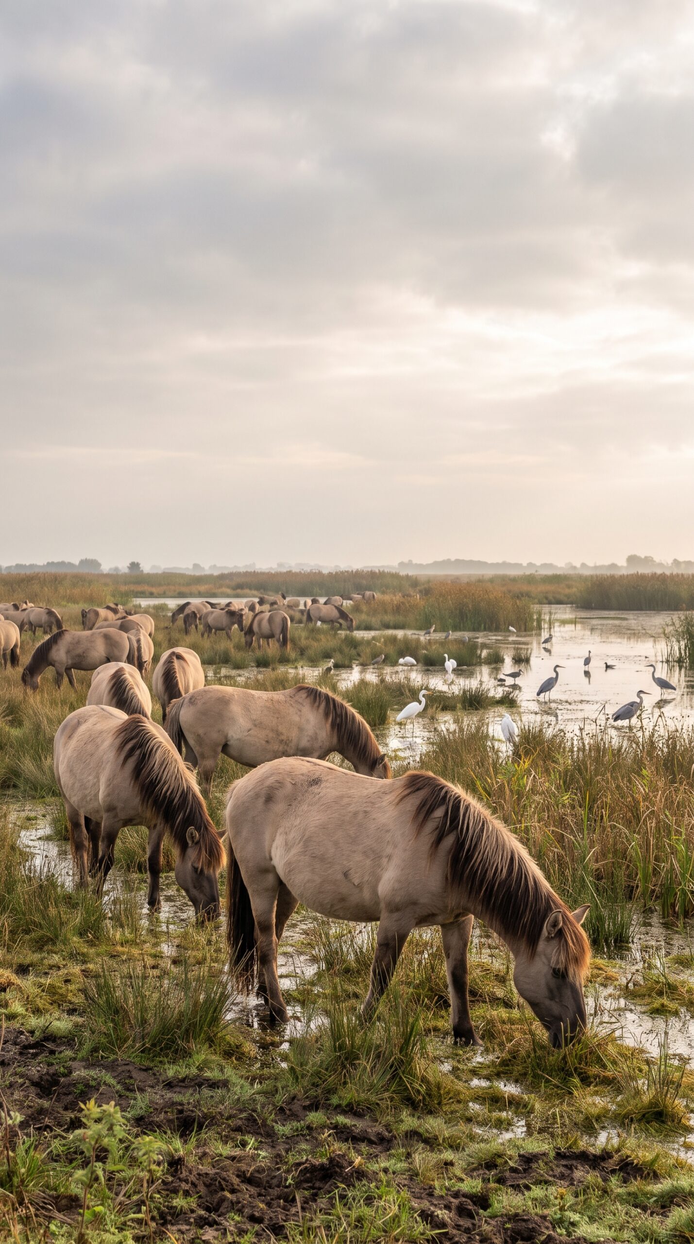 Wild horses grazing in the wetlands of Oostvaardersplassen nature reserve in Flevoland