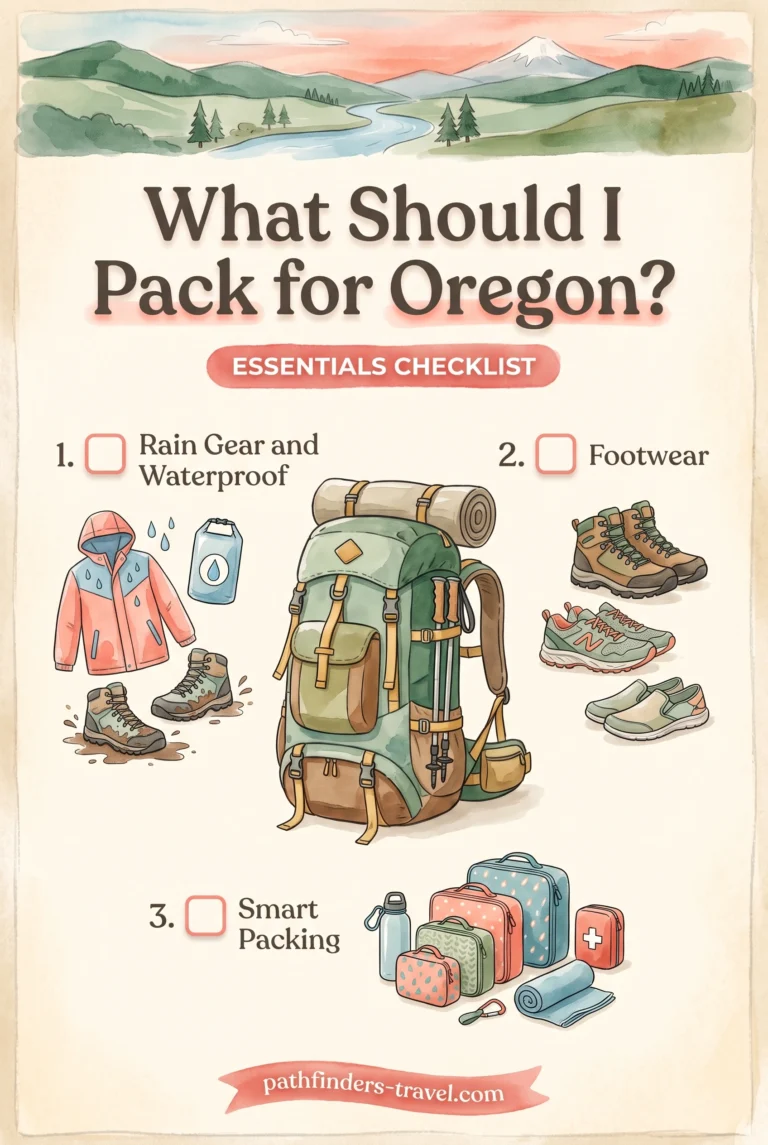 Oregon packing checklist infographic: Rain Gear and Waterproof, Footwear, Smart Packing