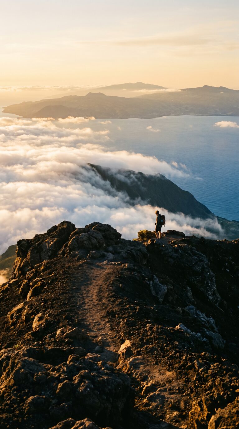 wide view from Mount Pico summit showing volcanic crater and Atlantic Ocean