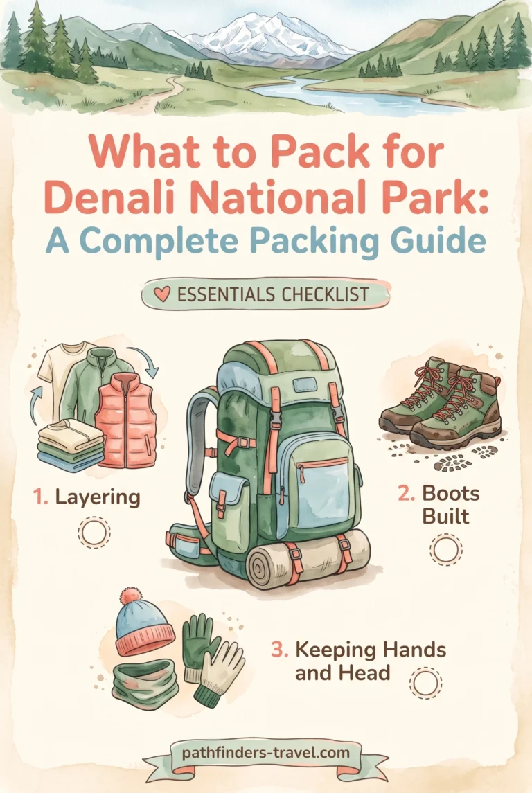Planning a Trip to Denali National Park packing checklist infographic: Layering, Boots Built, Keeping Hands and Head