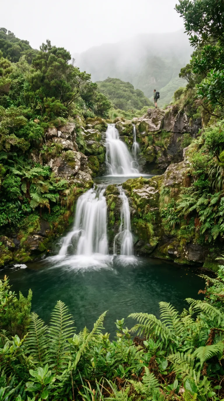 Poço da Alagoinha waterfall cascading through thick vegetation on Flores Island, Azores