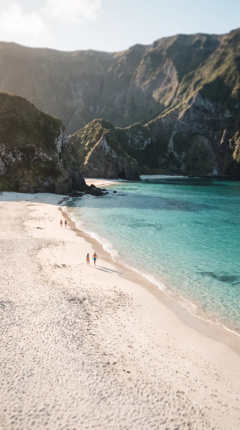 Praia da Lagoa do Fogo clean beach with turquoise water and volcanic crater walls