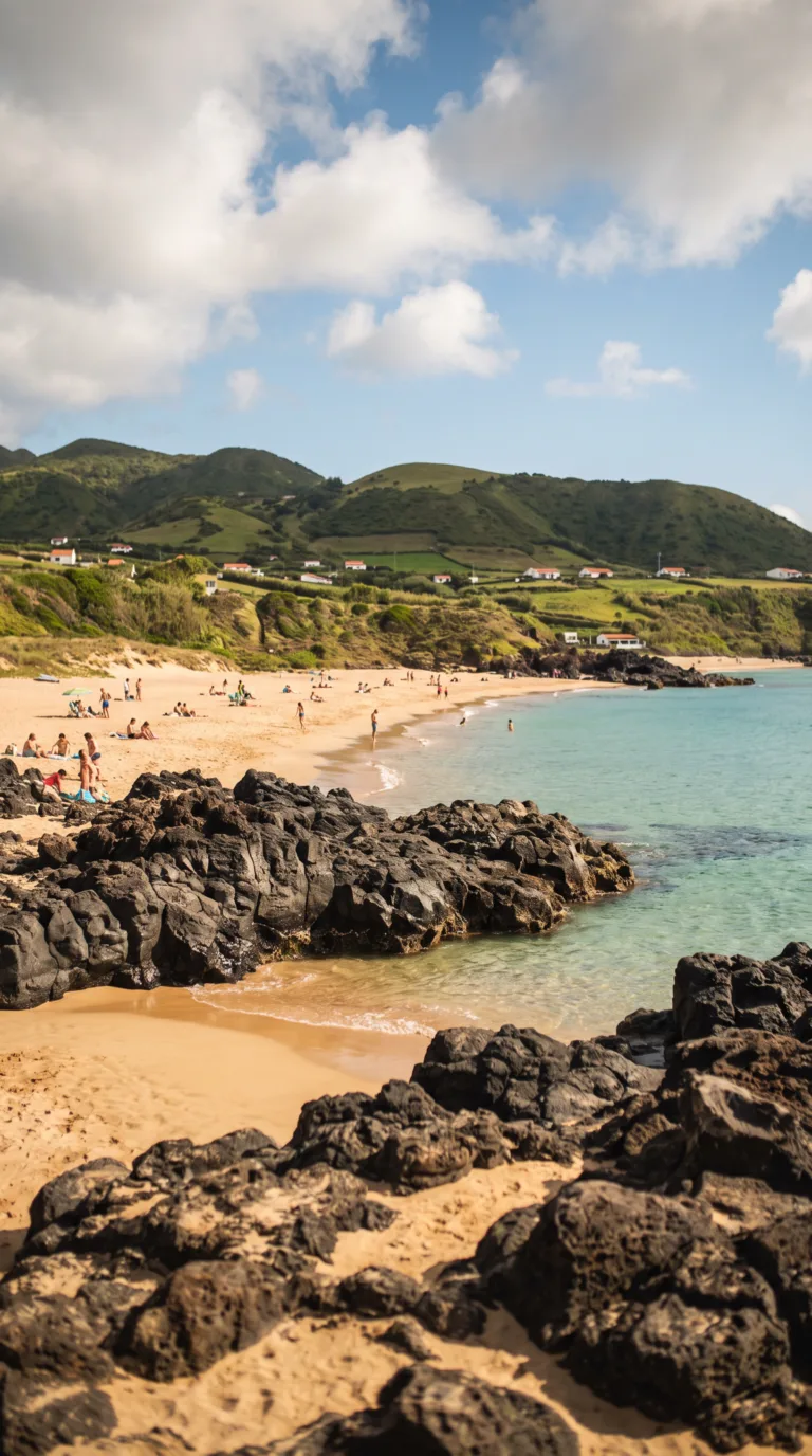 Praia Formosa golden sand beach with turquoise waters on Santa Maria Island, Azores